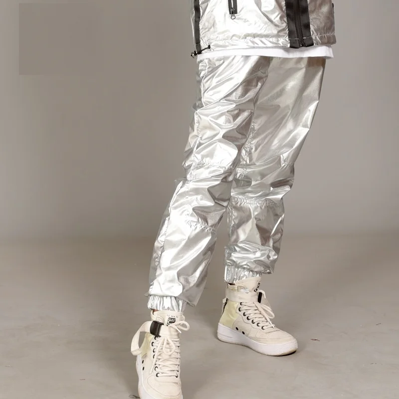 Silver Black Metallic Elaistc Waist Man Boy's Pants Jogger Hip Hop Live Show Dance Trousers Oversize Loosen