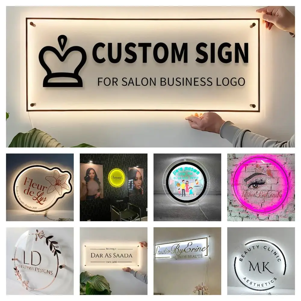 Logotipo comercial personalizado sinais acrílicos 3d beleza unhas salão de beleza sinalização de estúdio de cabelo sinais retroiluminados nome da empresa personalizado led luz neon