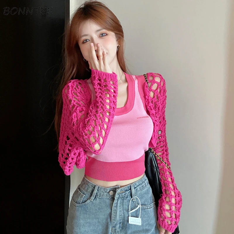 Sun-proof Crop Jackets for Women Summer Hollow Out Casual Holiday Chic Korean Style Simple Outwear Long Sleeve Clothing Hotsweet