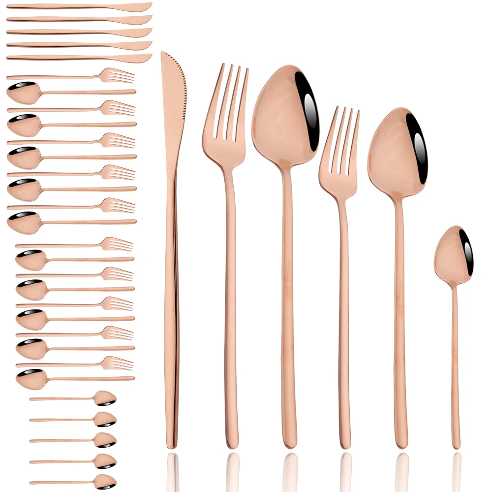 

36Pcs Cutlery Set Rose Gold Luxury Tableware Set Dinner Knife Forks Coffee Spoon Dinnerware 18/10 Mirror Kitchen Silverware Set