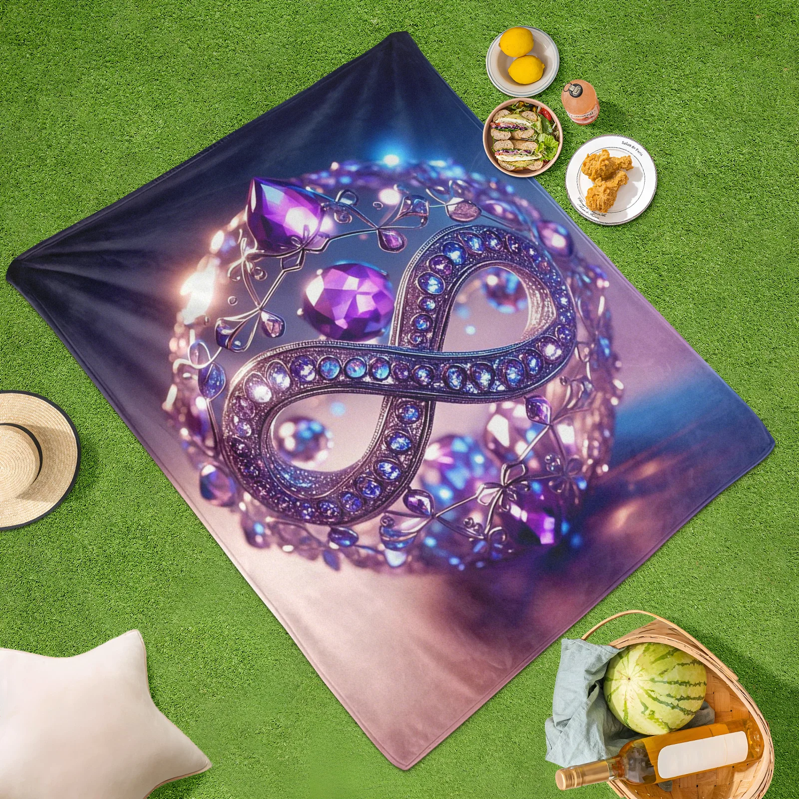 Manta de pícnic al aire libre de diseño lujoso púrpura con piedras preciosas inspiradas en Mobius Loop para acampar creativo y uso elegante en la playa