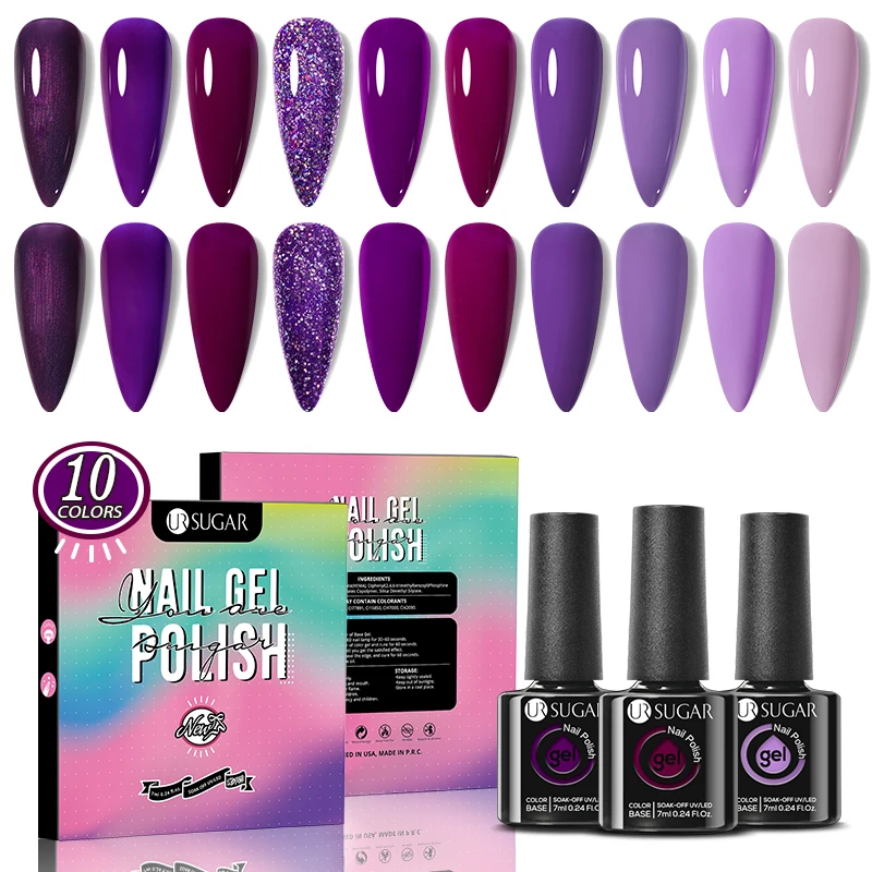 

UR SUGAR 10pcs/kits Gel Nail Polish Set Purple Pink Glitter Brown Red Color Series Soak Off UV LED Nail Art Varnish Manicure