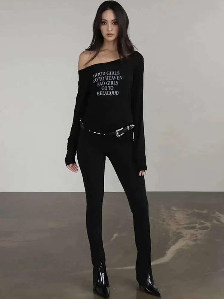 Y2k Aesthetics Letter Printing Tops 2024 Autumn Harajuku Slash Neck T-shirt See Through Streetwear Slim Fit Grunge Tee Shirt