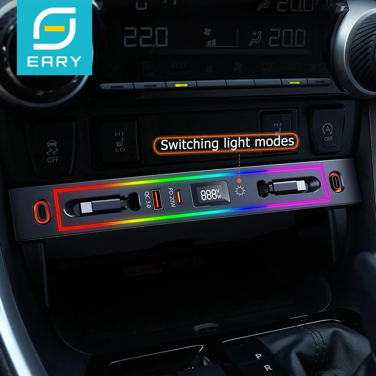 Eary Car Charger USB Hub Docking Station for Toyota RAV4 2020-2025 4-Port Retractable Center Console Fast Charging Adapter & RGB
