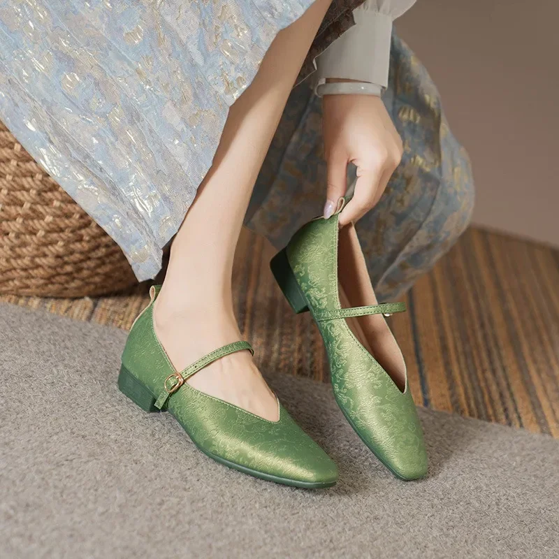 Woman Fashion Summer Square Toe Gold Green Flats Elegant Female Printing Texture Casual Buckle Mary Jane Shoes Big Size 34-43