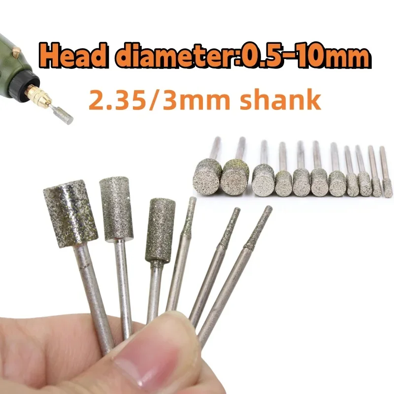 Cylinder Diamond Burr Grinding Head 2.35/3mm Shank Engraving Drill Carving Polishing A Needle for Dremel Rotary Tools Jade Stone