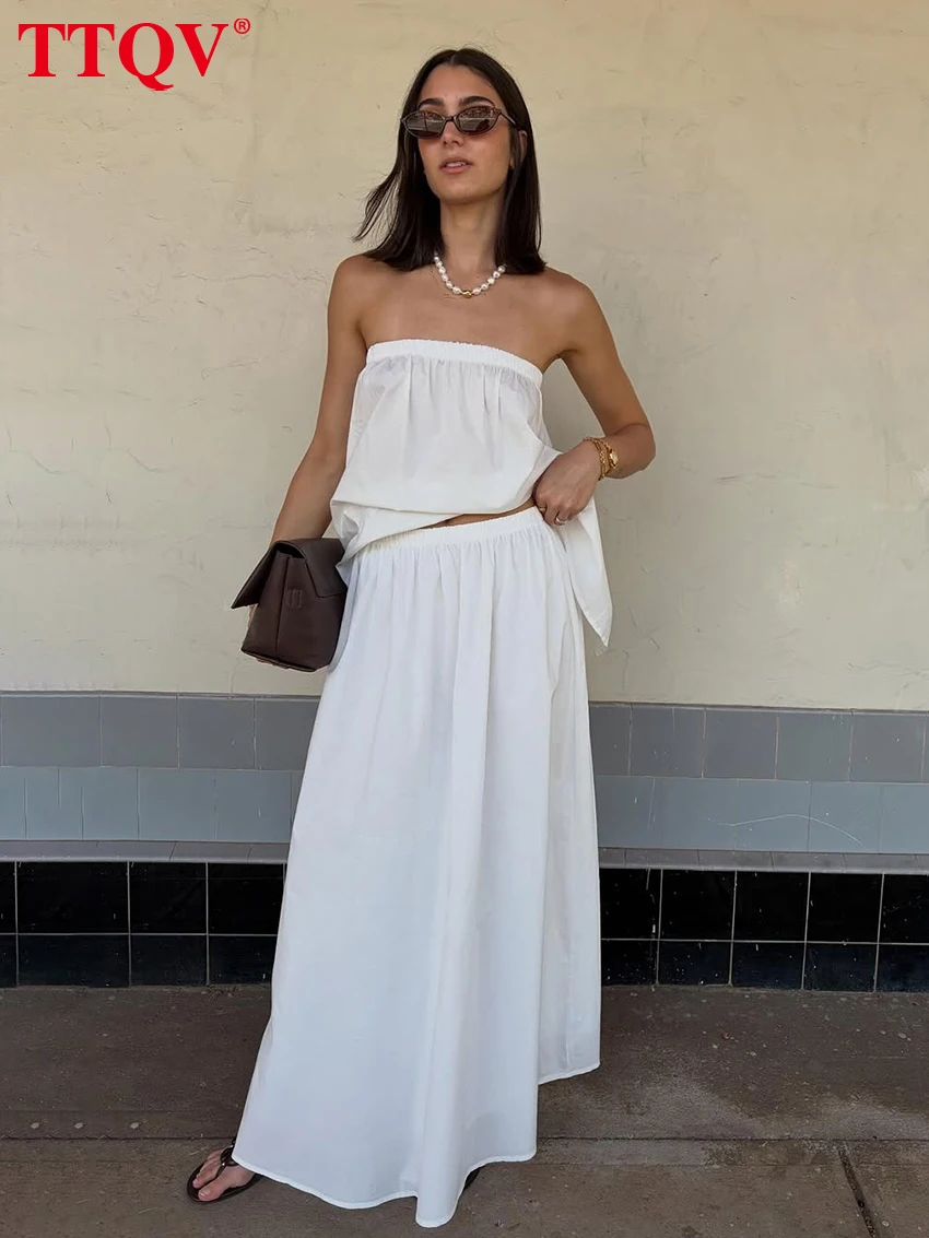 

TTQV Summer Loose White Cotton 2 Piece Set Women 2026 Sexy Sleeveless Tank Top With High Waist Long Skirt Set Female Clothing