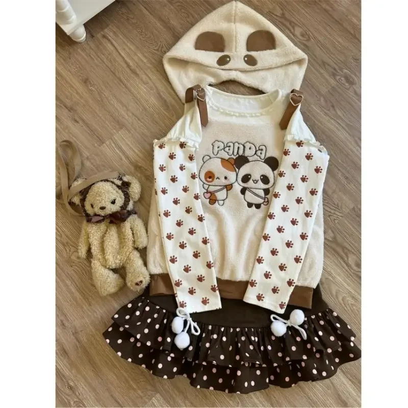 Japanese Sweet Lolita 3 Piece Sets Women Kawaii Plush Hooded Cartoon Panda Vest Polka Dot Print Mini Skirt Korean Style Y2k Suit