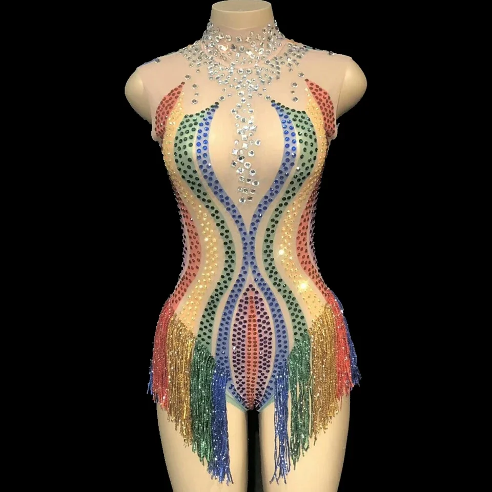 

Sparkly Rhinestones Transparent Mesh Bodysuit Sexy Tassels Dance Costume Female Singer Performance Nightclub Stage Wear