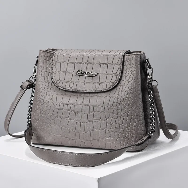 TRAVEASY Fashion 2024 Large Capacity PU Leather Shoulder Bag for Women Casual Alligator Pattern Solid Color Female Crossbody Bag