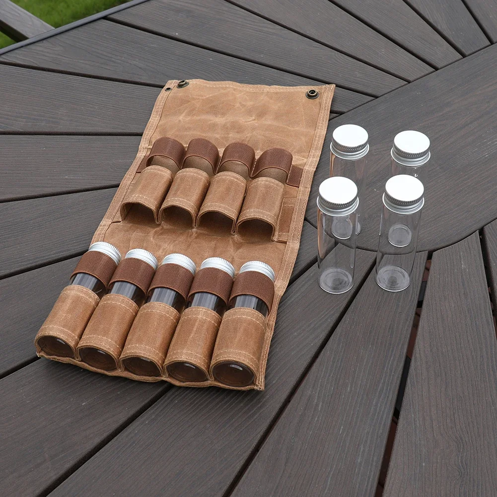 Outdoor Camping Spice Bottle Set Portable Folding Wax Canvas Waterproof Seasoning Bottles Storage Bag Picnic BBQ Seasoning Bag