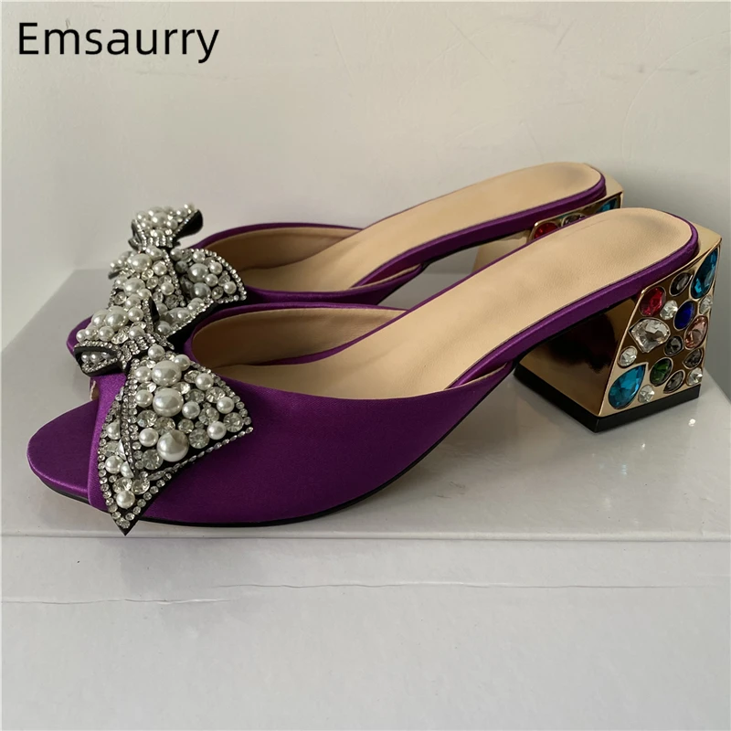 Jeweled Diamond Summer Women Sandals Crystal Beaded Decor Luxury Satin Colorful Rhinestone Med Square Heel Peep Toe Runway Mules