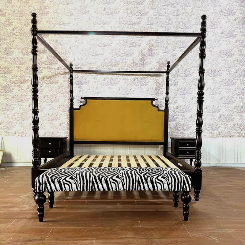 American retro solid wood bed French princess bed pillar bed villa wedding