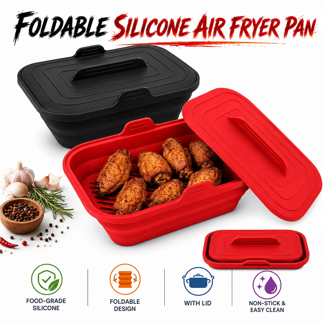 Cestello in silicone per friggitrice ad aria con coperchio, teglia pieghevole resistente al calore, rivestimento riutilizzabile per forno, per cottura