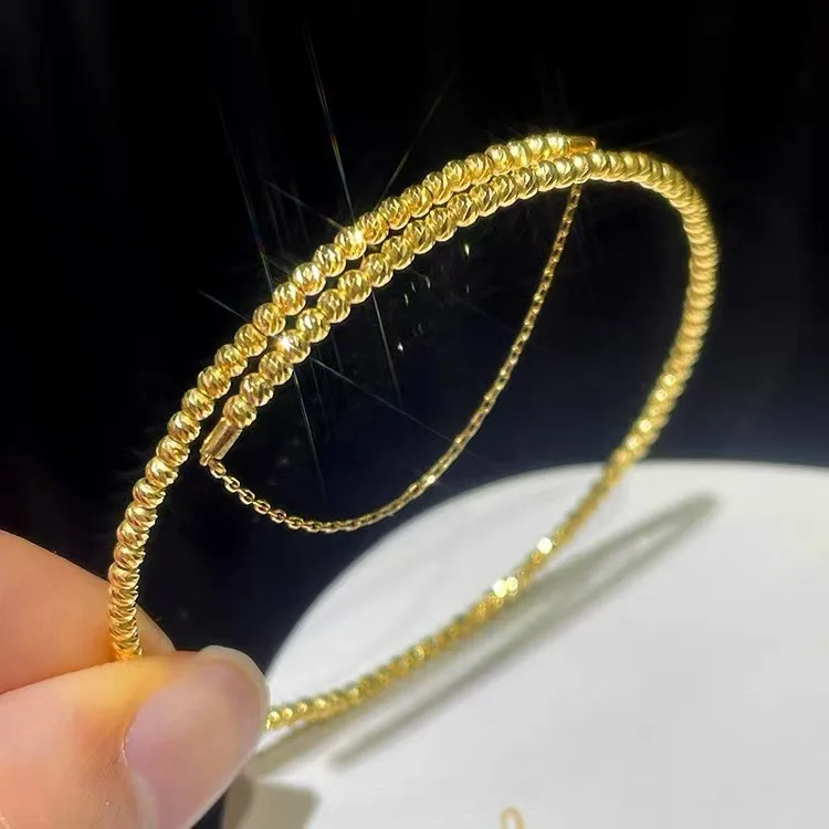 

18K Gold Beaded Double Layer Bangle Bracelet for Women Sparkling Beads Design Solid Gold Fine Jewelry Luxury Daily Wear Gifts