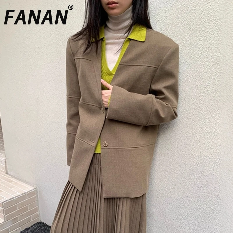 

FANAN темпераментные пиджаки с v-образным вырезом для женщин, однобортные однобортные пиджаки с длинными рукавами и v-образным вырезом, свободные куртки для офисных женщин, мода 2023 г., осень, новинка