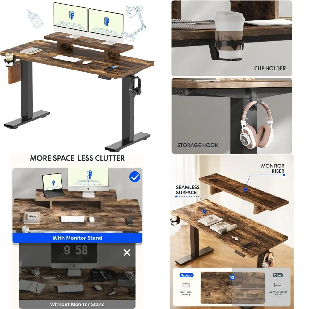 Electric Height Adjustable Standing Desk 55 x 24 with Monitor Stand and Cup Holder for Ergonomic Computer Use