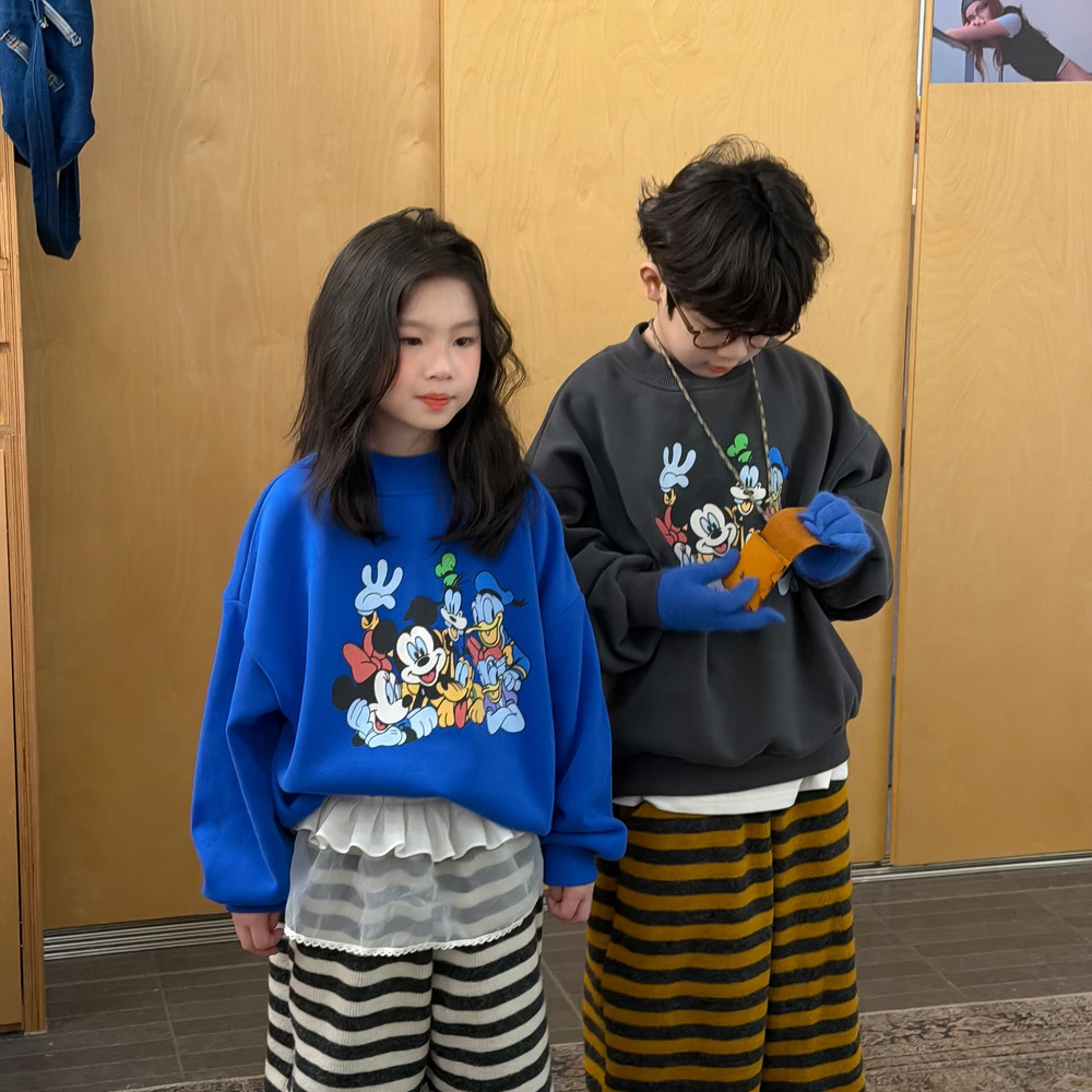 

Disney Mickey Mouse Children's Hoodie Spring Autumn Korean Edition Boys Girls Thick Cartoon Printed Hoodie Casual Plush Top