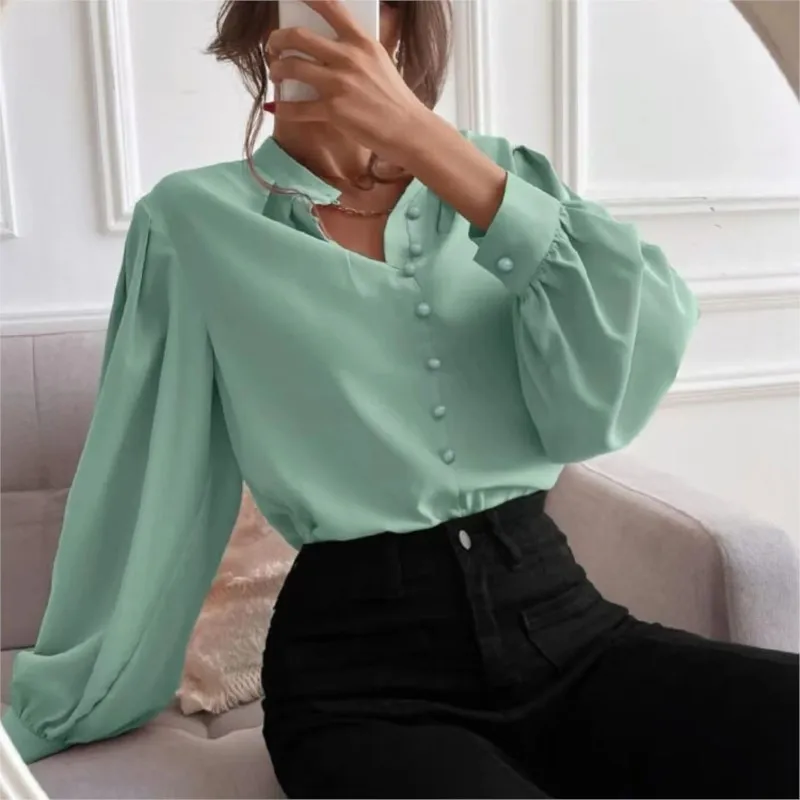 Casual Women Shirt Autumn Winter New Fashion V Neck Long Sleeve Solid Office Button Top Elegant Holiday Womens Blouses Tops