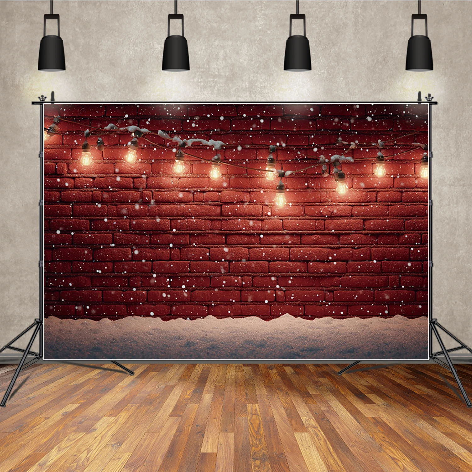 MOON.QG Red Brick Christmas Photography Background Snow Carpet String Light Backdrop Decoration Family Photo Studio Wallpaper