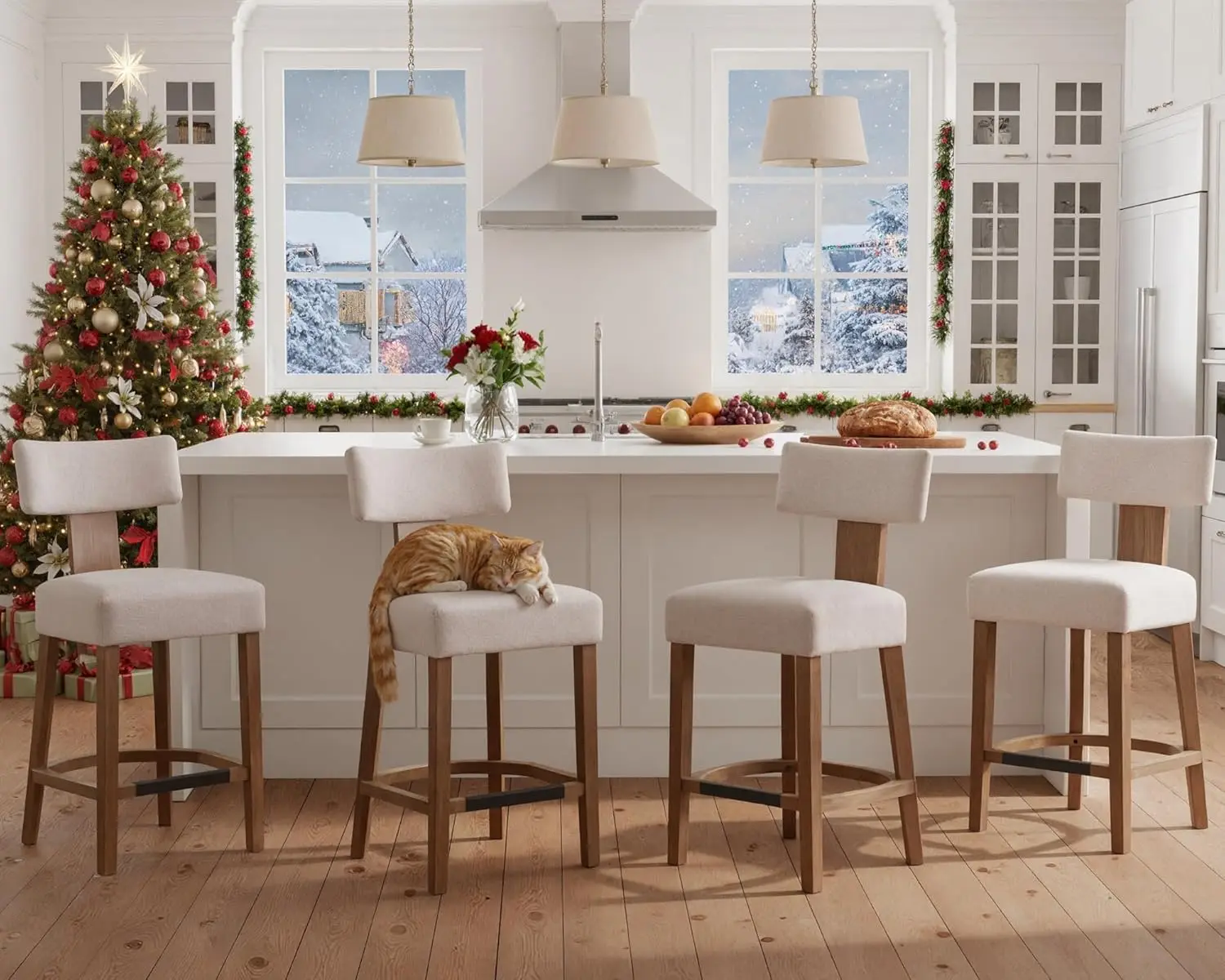 

26-дюймовый набор барных стульев для фермерского дома, состоящий из 4 шт., барные стулья с льняной обивкой и спинкой, современные табуреты для стойки, деревянные барные стулья wi