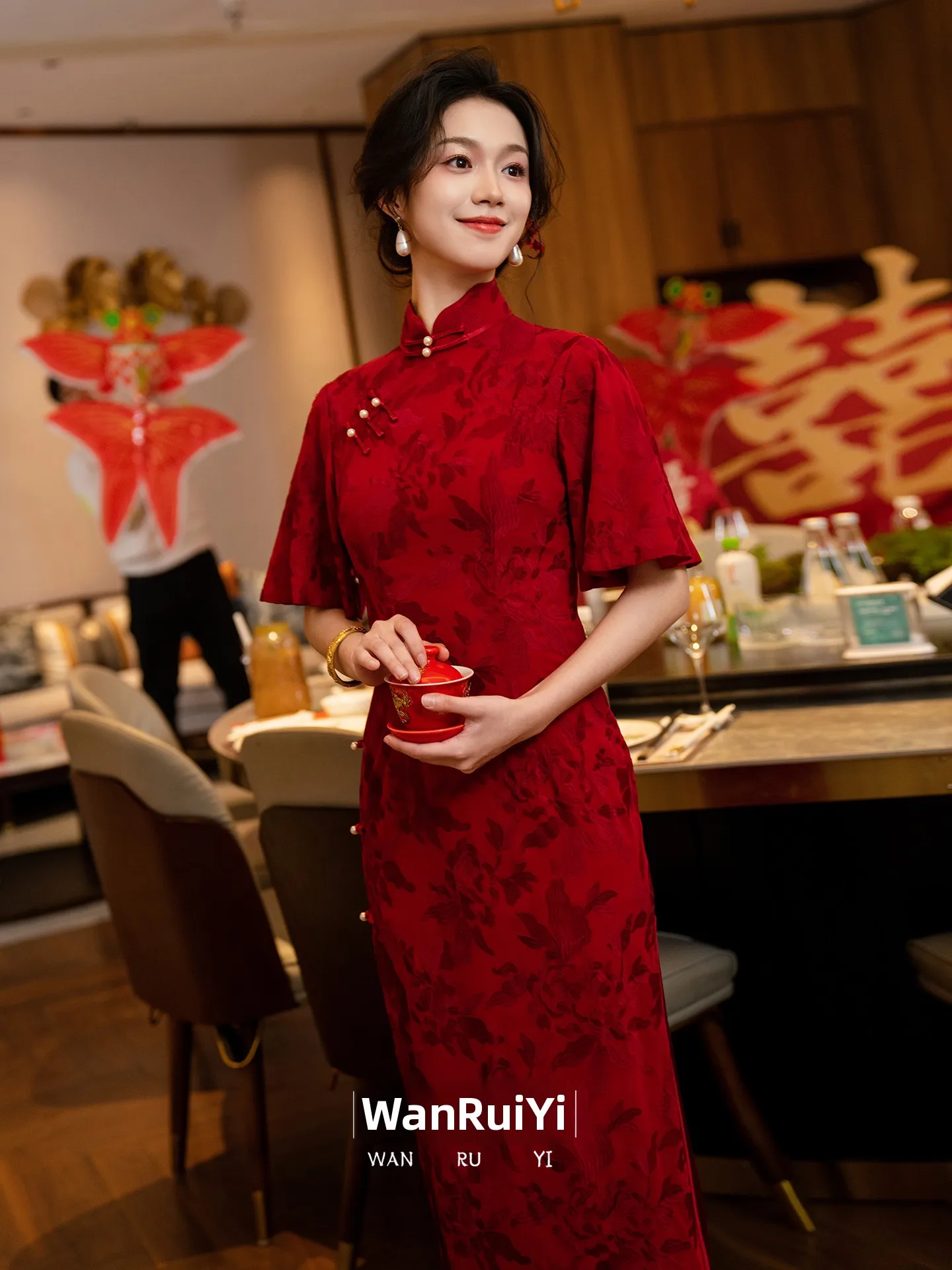 

Red Qipao Wedding Dr Vintage Sle Zipper Ba ort Sve mid Waist Fitting for Engagement And Wedding Celebration