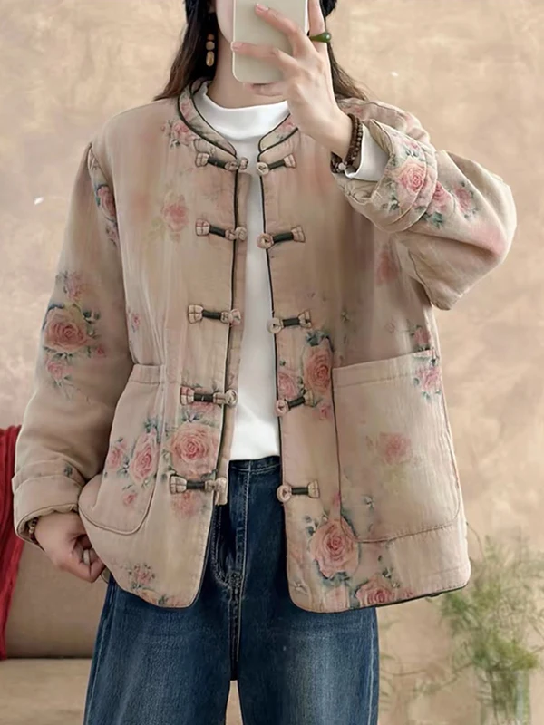 

Retro Chinese Sle Women's Cotton Jaet Printed Stand Collar Thermal Coat Loose Fit Long Sve Mid-Length Single Button