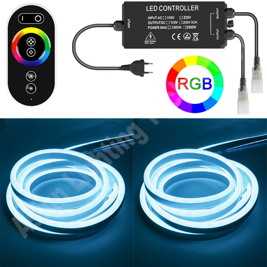 

IP67 Waterproof RGB LED Neon Strip 220V 1m-100m for Room 5050SMD Flexible Tape 2500W IR/RF Touch Remote Controller LED Ribbon