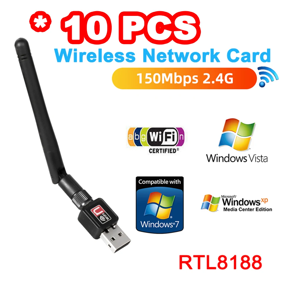 

10PCS 2.4G 5G Wireless Network Card Wifi Antenna USB Adapter Mini 802.11n/g/b Ethernet 150Mbps Gigabit RTL8188 For PC Windows XP