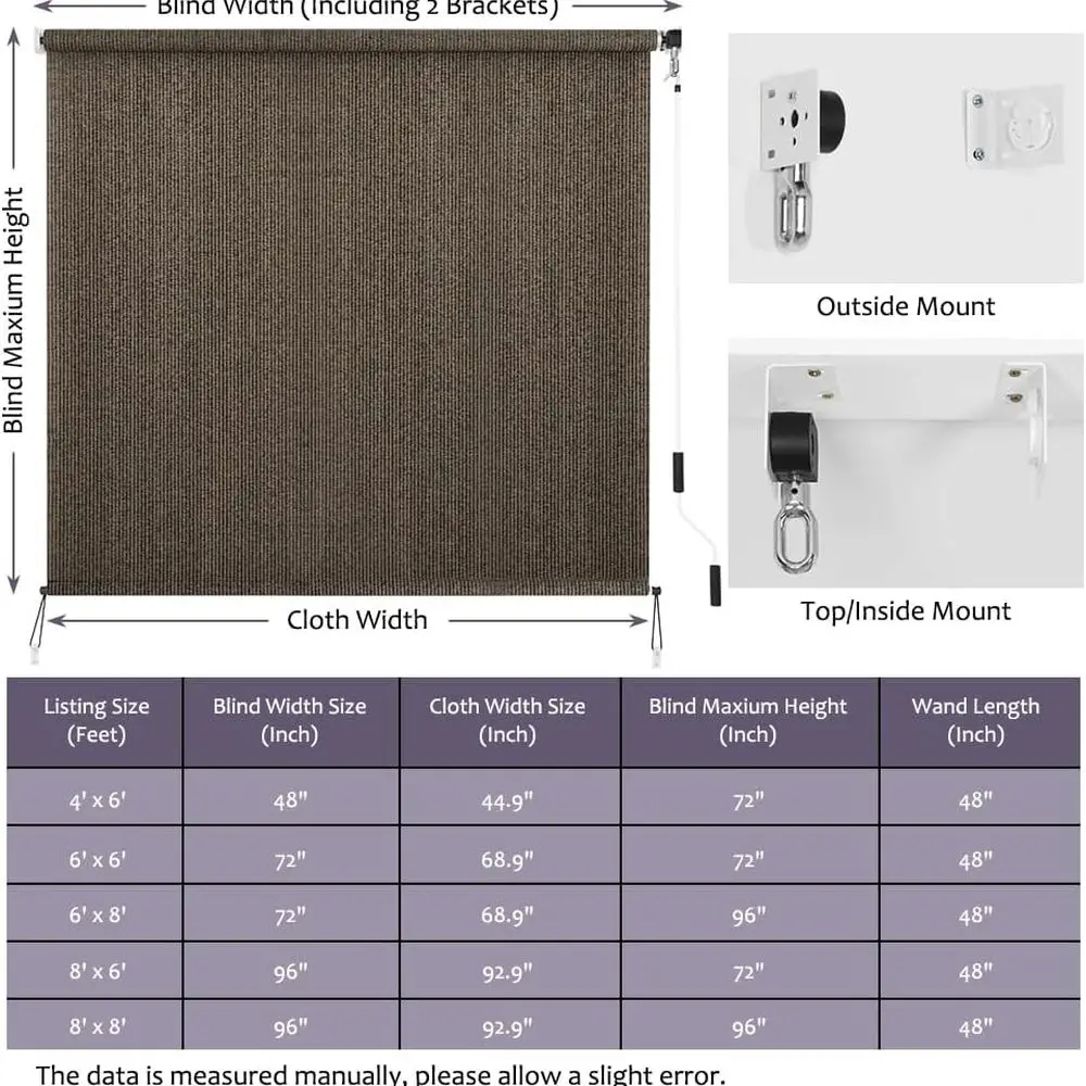 Cordless Outdoor Roll-Up Shade, 4ft x 6ft, 90% UV Block, Privacy Screen for Patios, Pergolas, Mocha