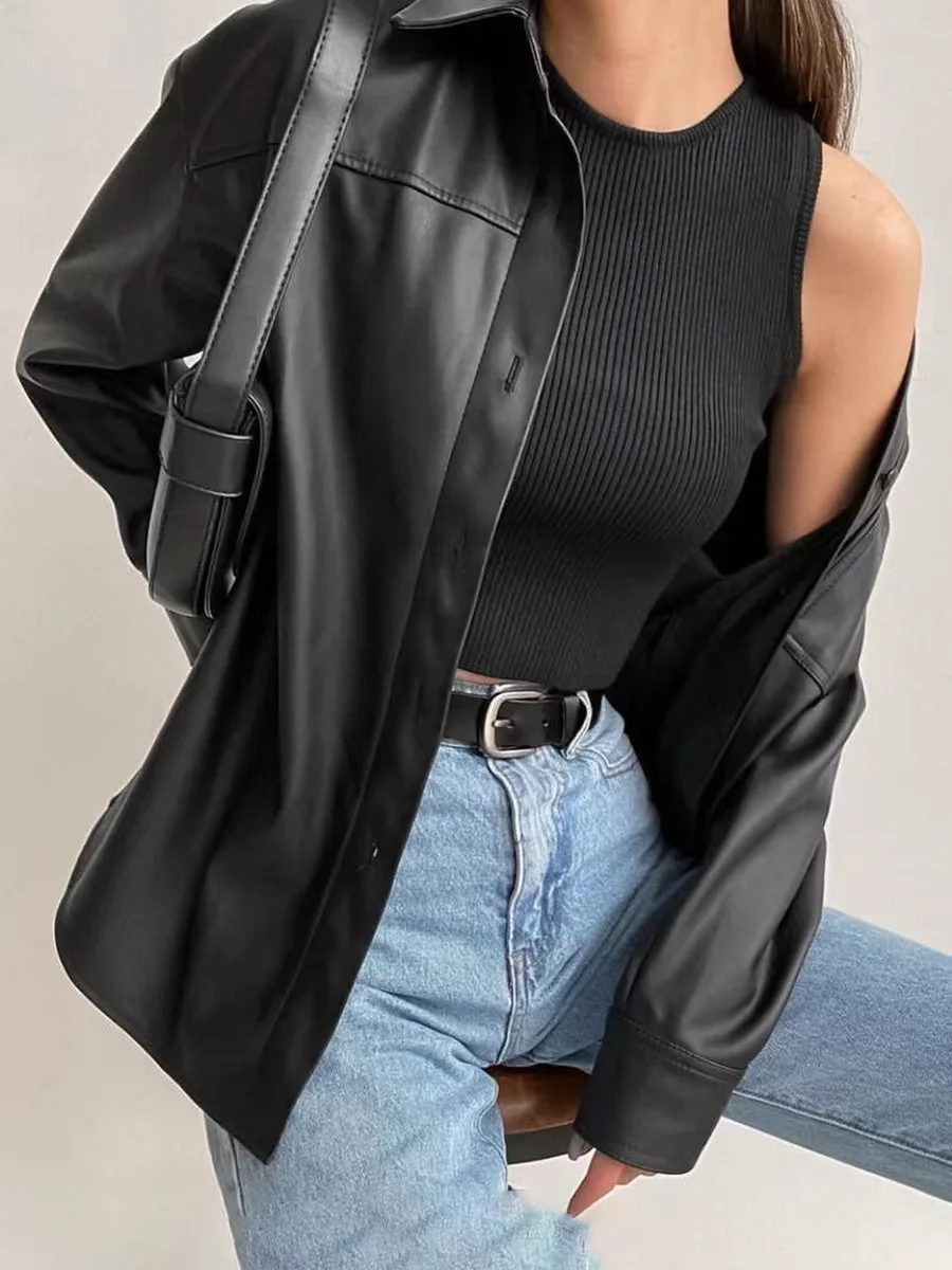 Casual Bla PU cuero Jaet Faionable versátil solapa Top viaje Sle suelta ajuste largo Sve abrigo de longitud media