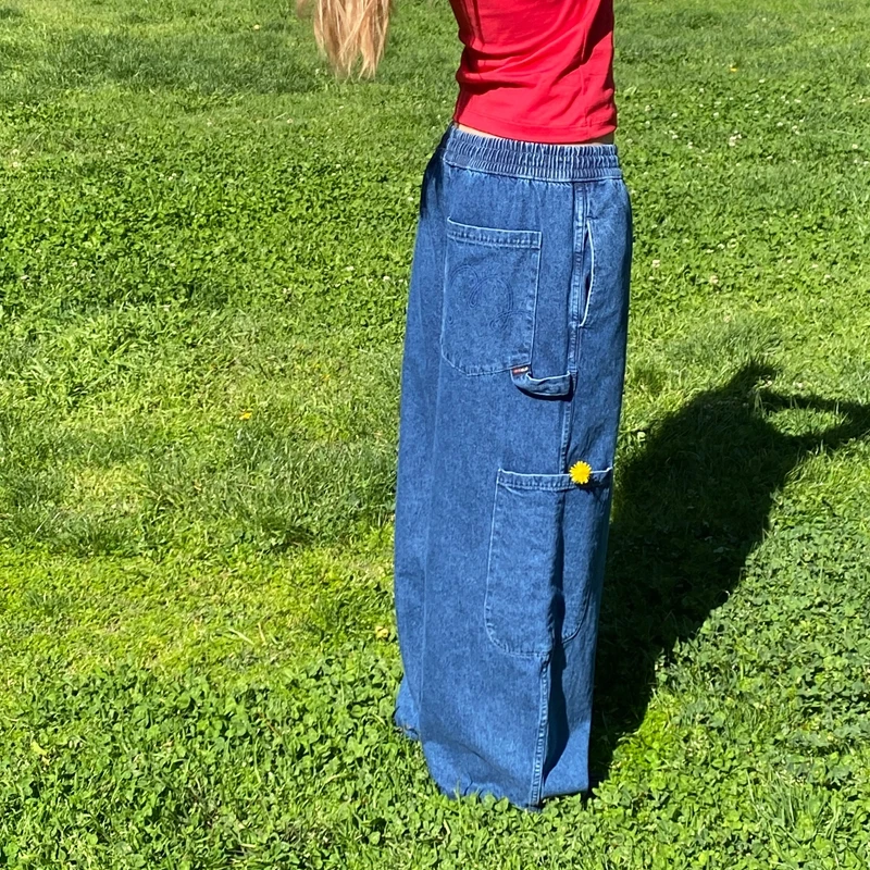 Combhasaki Pantaloni lunghi in denim a vita alta elastici vintage Y2K da donna Pantaloni jeans larghi a gamba larga casual con tasche multiple