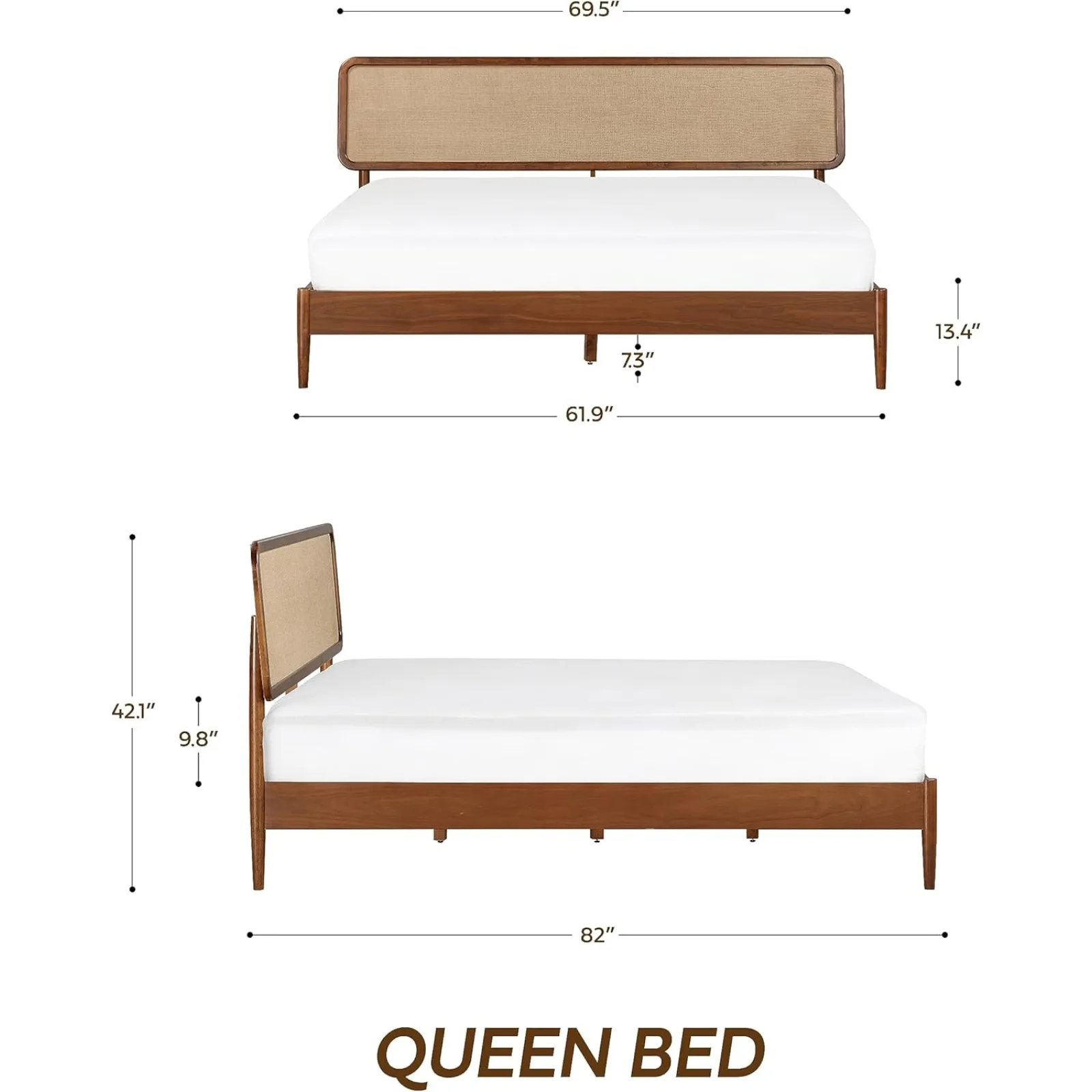 US  Lupin Wooden Bed Frame with Headboard, Crafted from Walnut, Rubber Wood with Silent Slats and Wood Central