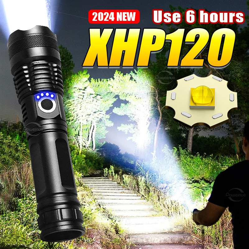 Senter LED XHP 120 daya tinggi, senter luar ruangan darurat dapat diisi ulang USB Lanterna baterai 18650 26650