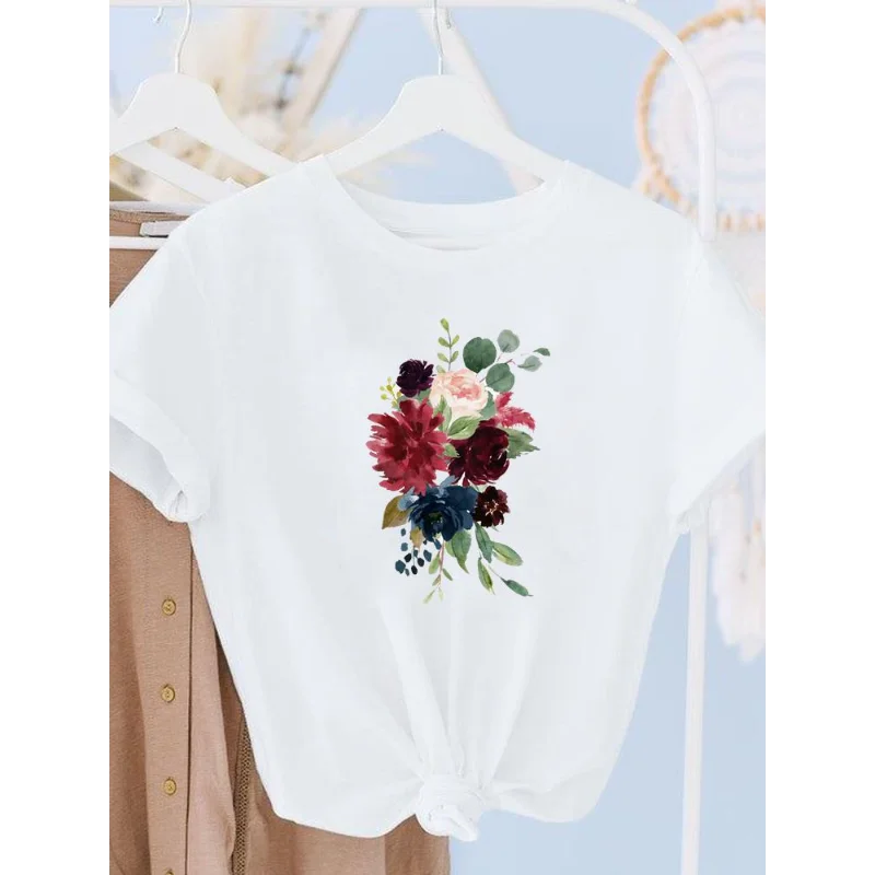 ملابس نسائية عصرية مطبوعة بالزهور، تي شيرت برقبة دائرية وأكمام قصيرة، تي شيرت جرافيك، ملابس جمالية