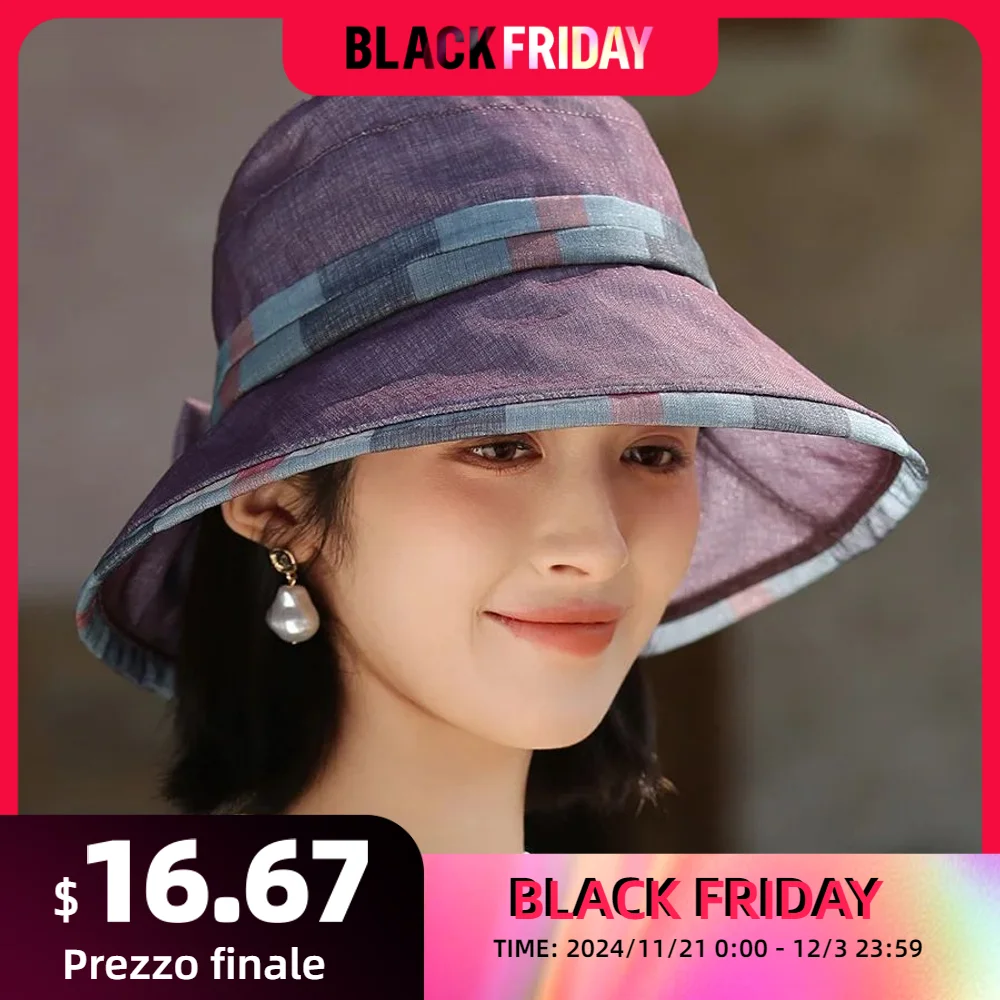 

Fisherman's Hat Female Korean Plaid Bow Large Brim Breathable Sunscreen Hat Elegant Hundred Mom Sunshade Hat sub