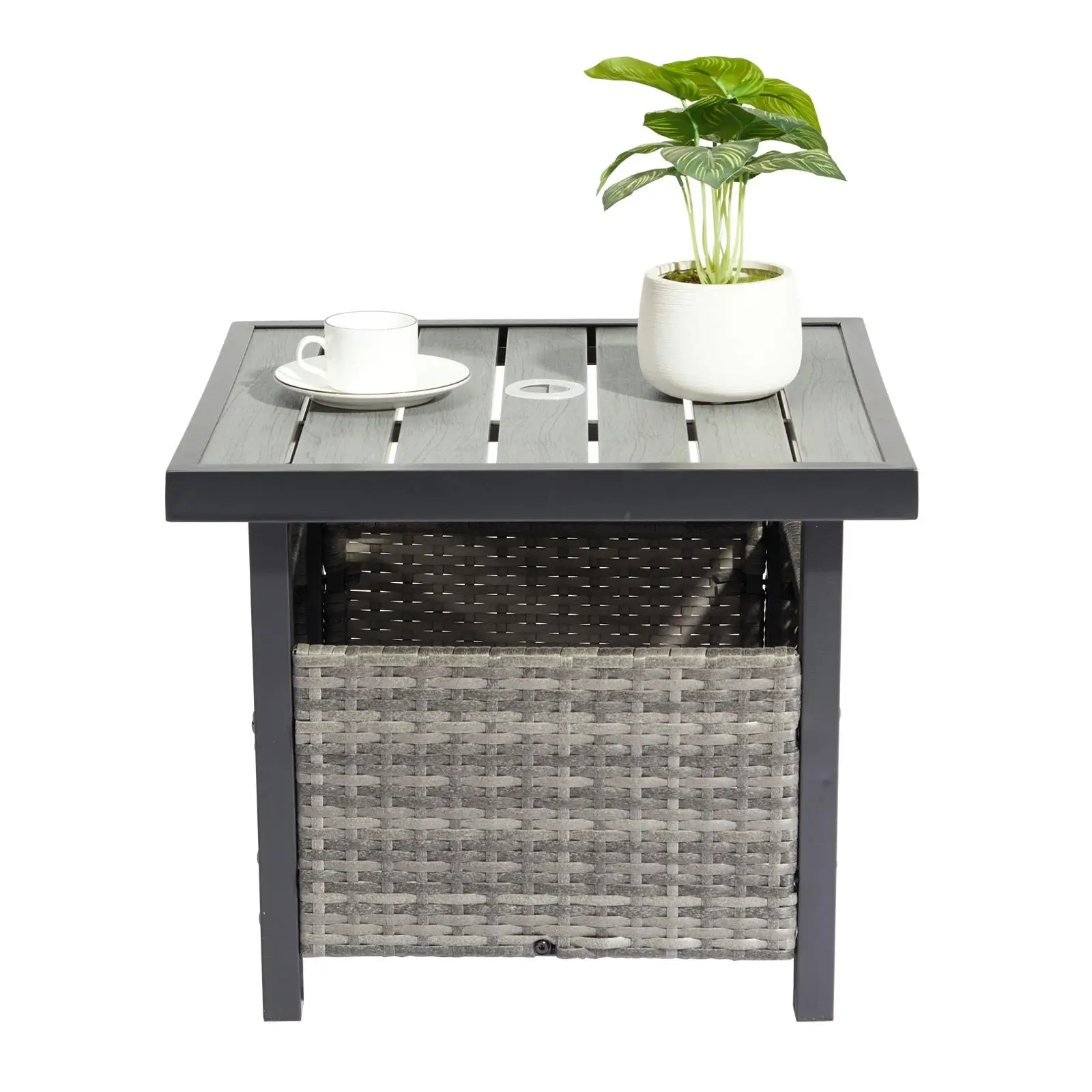 

Grey Outdoor Wicker Side Table with Umbrella Hole & Storage – PE Rattan End Table for patio , Garden & Poolside