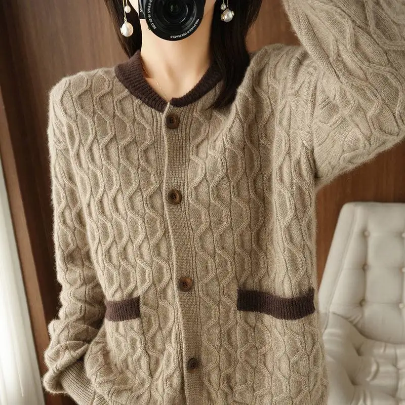 Round Neck Knitted Button Cardigan Stereoscopic Fringe Loose Sweater Coat Women Pockets  Style Single Breasted Straight