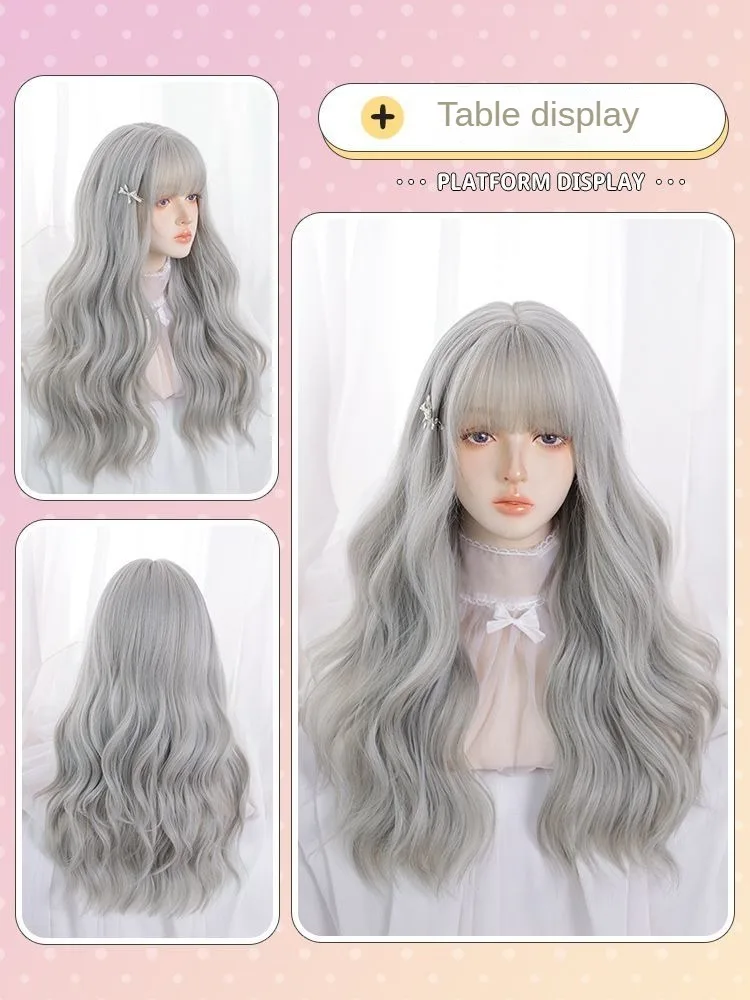 Wig mode sehari-hari baru Wig keriting panjang abu-abu wanita Wig Cosplay panjang sintetis kepala penuh Lolita Wig Cosplay alami dan realistis untuk wanita