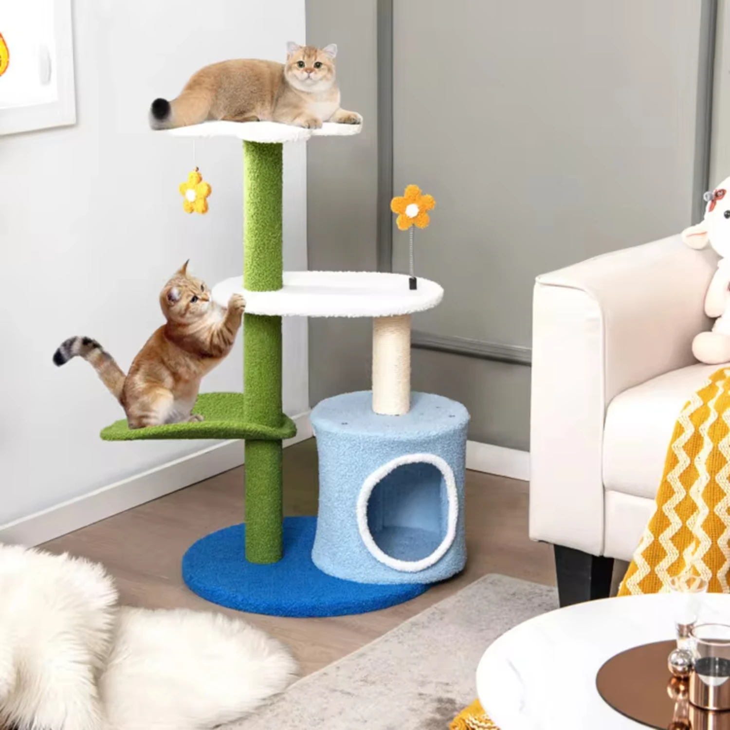 Stable 4-Tier Cat Tree with Jingling Balls and Condo - 34.5 Inch Funny Design Scratchers