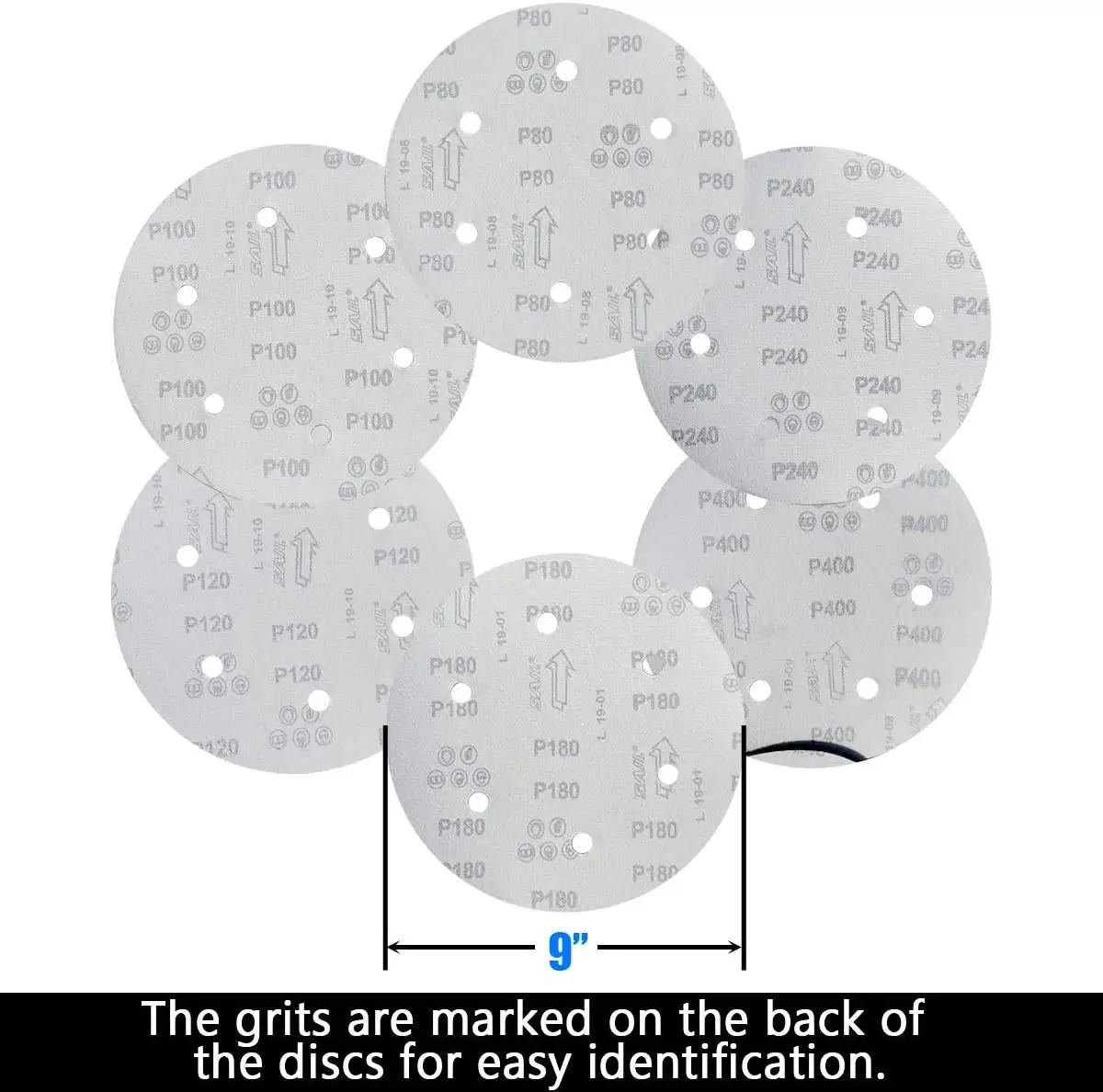 9 Inch 6 Hole Hook & Loop Sanding Discs Assorted 24-240 Grit 5 Pcs Grinding Abrasive Sandpaper for Polishing Drywall Sander Wood