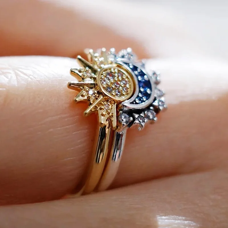 Fashion Korea Sun Moon Star Rings For Women Temperament Adjutment Sparkling Couple Rings Set Finger Wedding Jewelry Charm Gifts