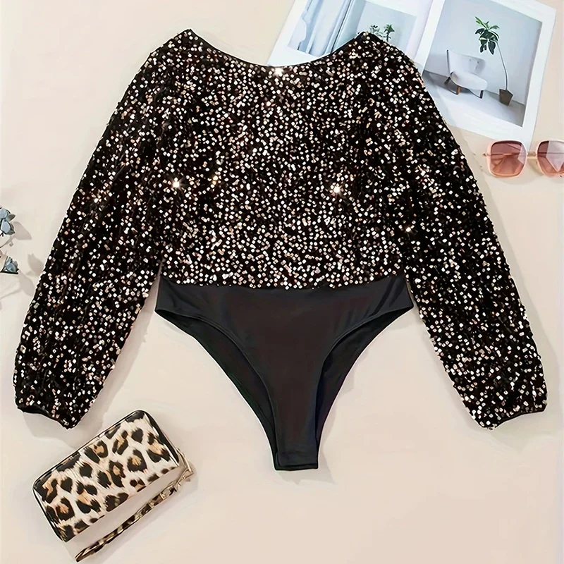 Spring Sexy Shiny Sequin Bodysuits Women V-neck Backless Hollow One Piece Romper Jumpsuit New Fall Long Sleeve Tube Top Playsuit