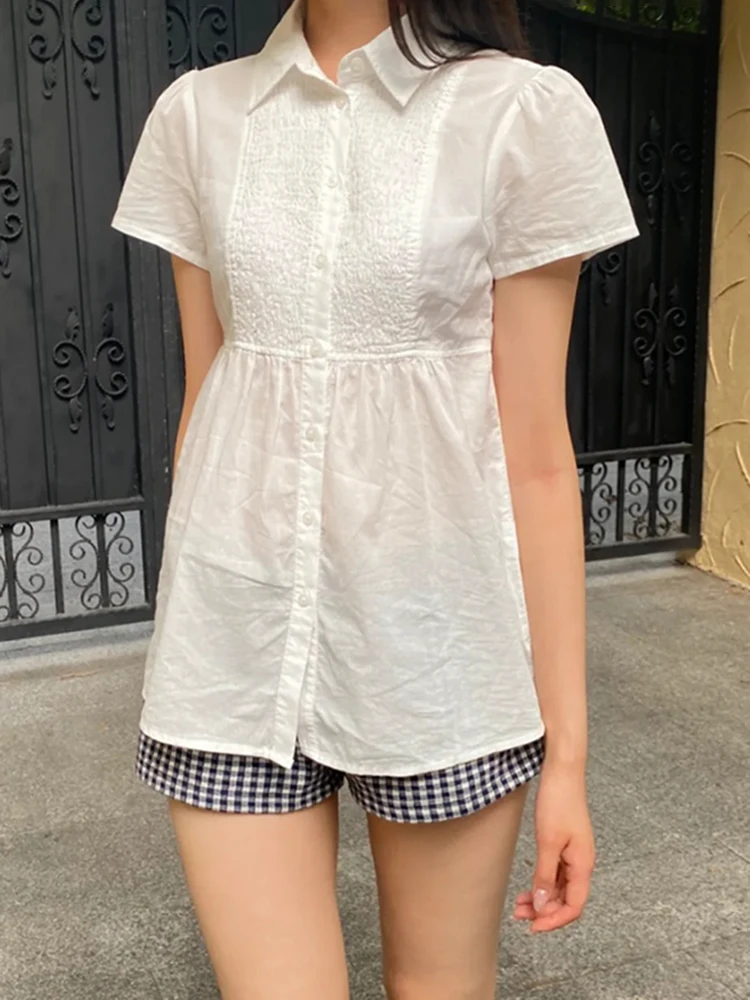 

White Folds Patchwork Slim T-shirt Blouse Woman Turn Down Collar Single Breasted Thin Shirt Summer New Sweet Cotton Tee Tops Y2k