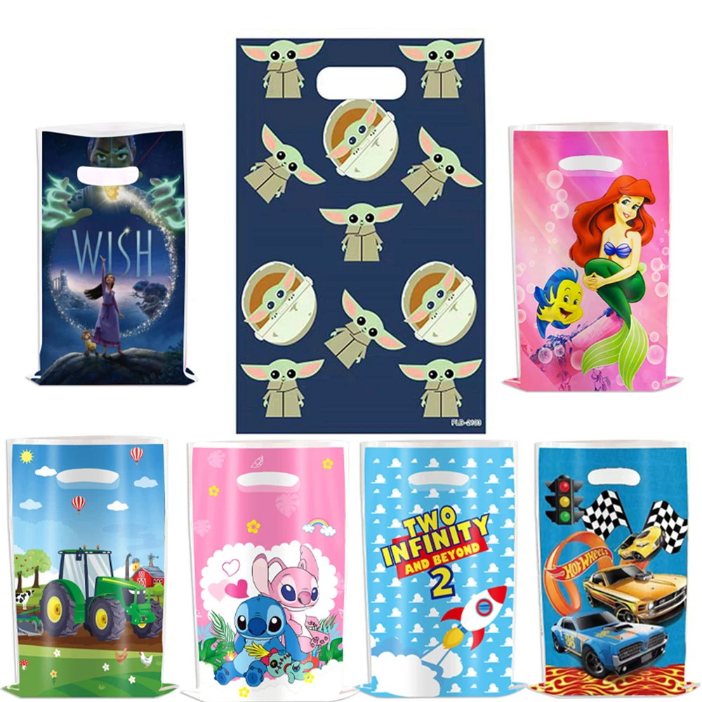 10pcs Disney Yoda Mermaid Toy Story Star Wish Hot Wheels Winnie Basketball Stitch Candy Bags Birthday Party Gift Bag Loot Bags