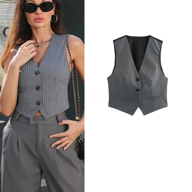 

Новое весеннее поступление, женский повседневный универсальный жилет в полоску с одной пуговицей и V-образным вырезом, майка из полиэфирного волокна для поездок на работу