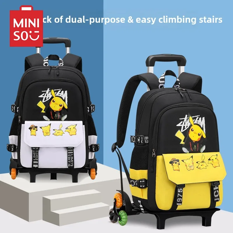 MINISO Pikachu Elementary School Students' Pull up Backpack, Men's Six Wheel Climbing Staircase, Detachable Pull up Backpack