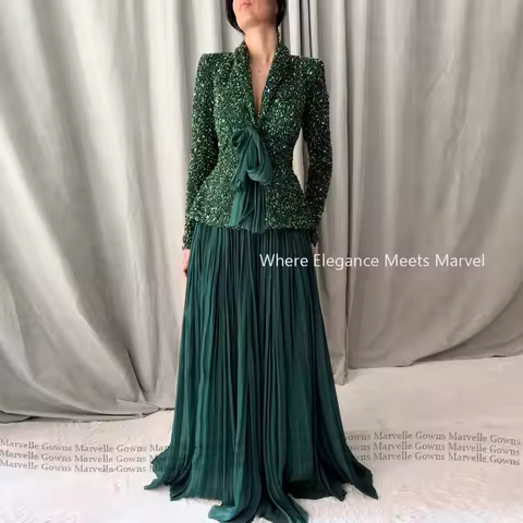 MG Vintage Green V Neck Prom Dress Pleated Bow Evening Party Gowns Floral A-Line Formal Occasion Prom Dress vestidos Customized