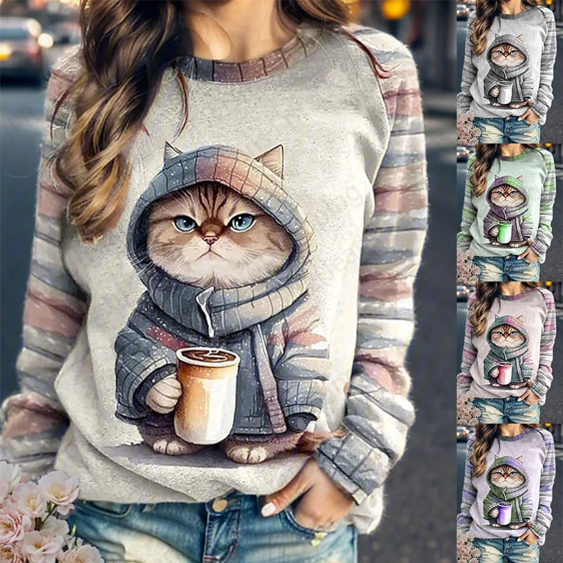 Coffee Cat 3d Print Hoodie Women Fashion Crew Neck Casual Hoodies Animal Cat Sweatshirts Girl Coats Women Sweats Female Clothes