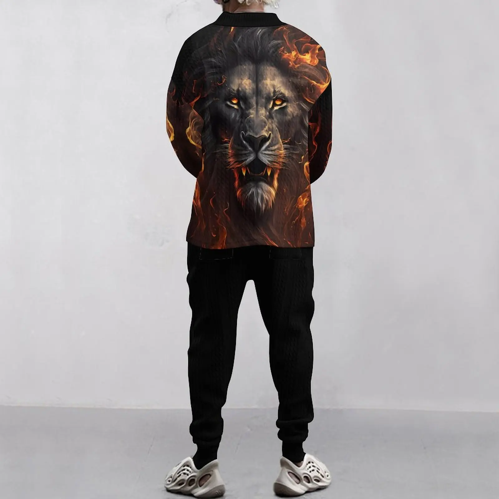 American craft print conventional jacquard loose street personality trend men's lion head V-neck casual long sleeve